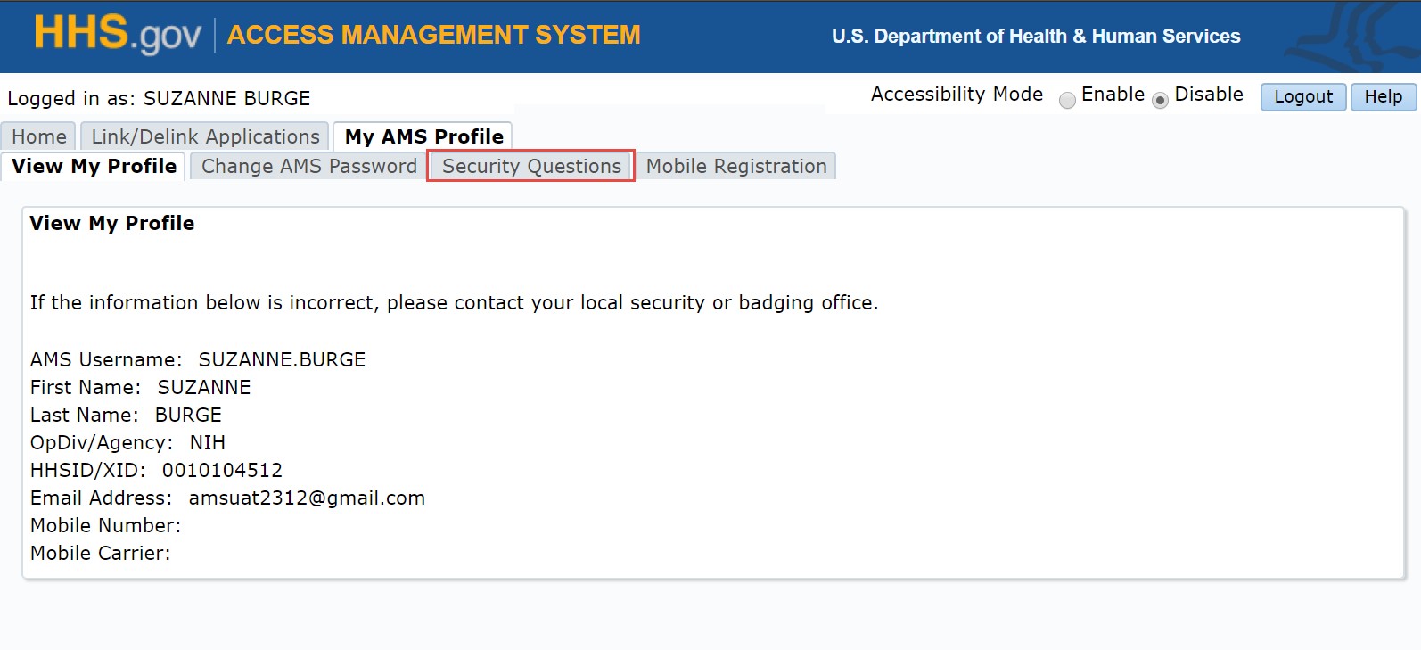 AMS Profile page with Security Questions sub-tab highlighted