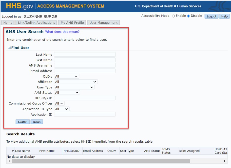 AMS User Search - Find User