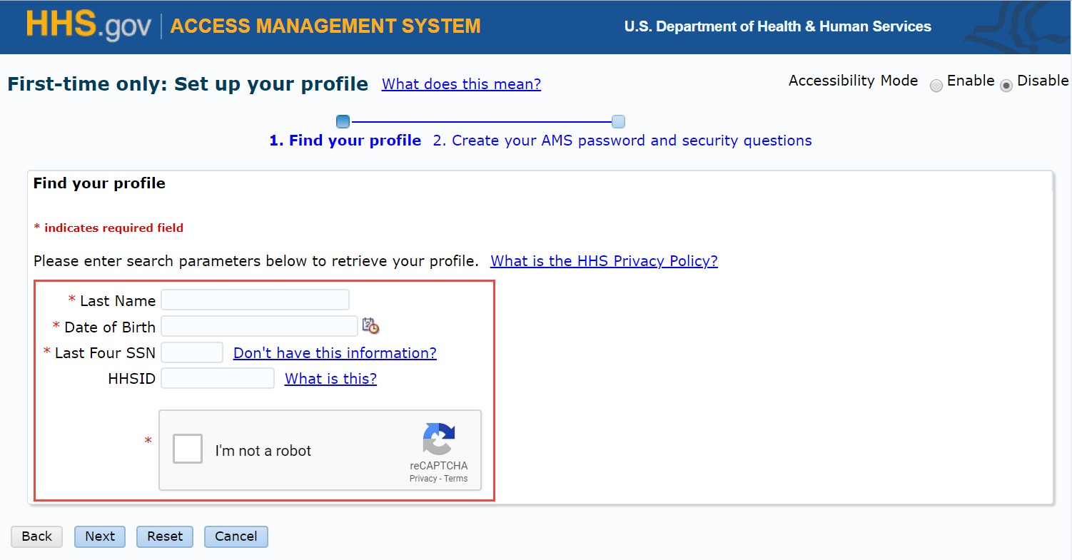 "First-time only: Set up your profile" page with the last name, date of birth, last four SSN, and Captcha forms fields highlighted