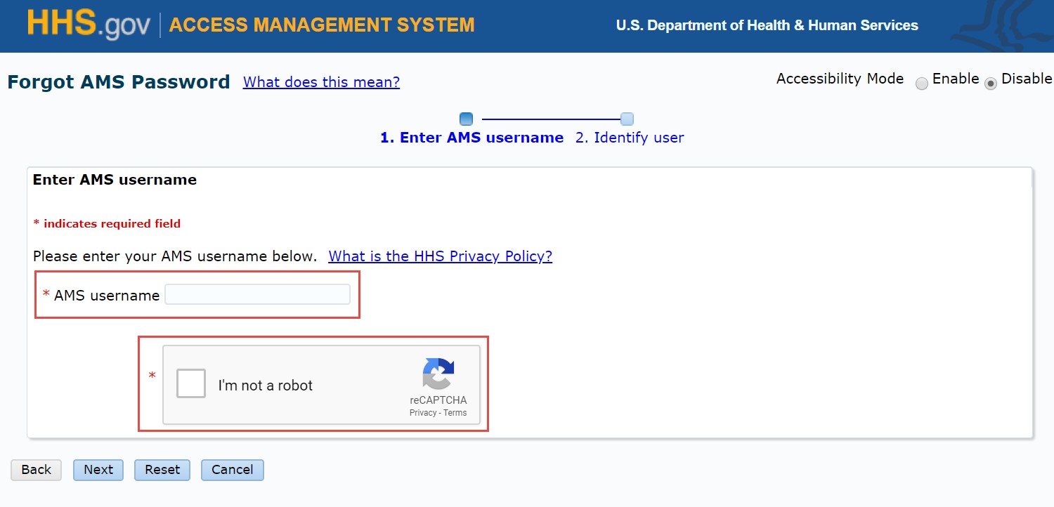 Enter AMS Username screen with AMS username and Captcha form fields highlighted