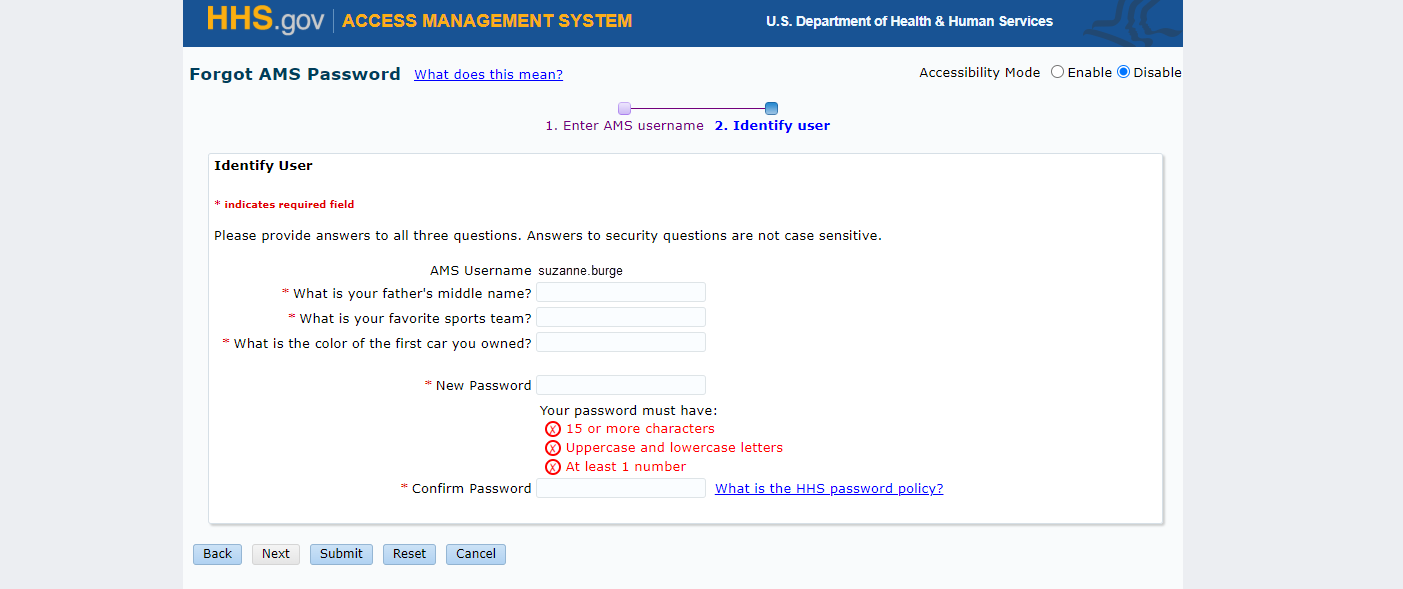 Identify User screen with user's security questions and new password form fields highlighted