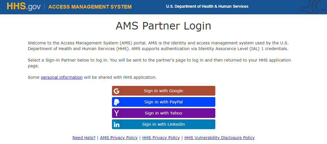 AMS login page for external users