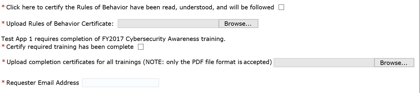 Application access management page with create access request tab selected and form with rules of behavior and custom attribute fields for the application highlighted.