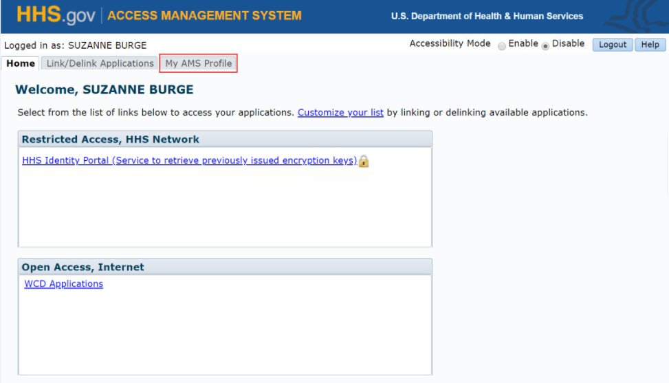 AMS Homepage with My AMS Profile tab highlighted