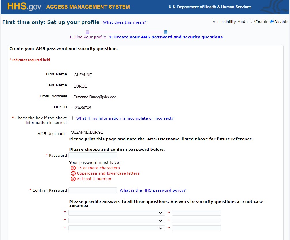 Create your AMS password and security questions screen with "Check the box if the above information is correct", password, confirm password, and security questions form fields highlighted