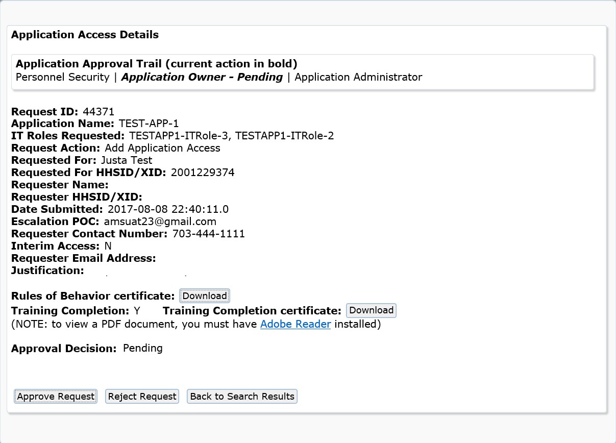 Application access details for the selected Request ID.