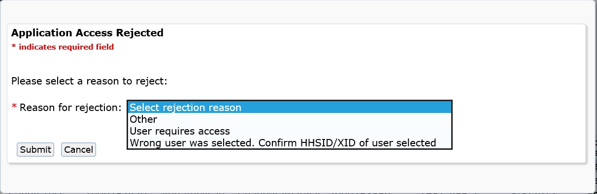 Application Access Rejected screen for Remove Application Access with Reason for Rejection drop down expanded showing possible reasons.