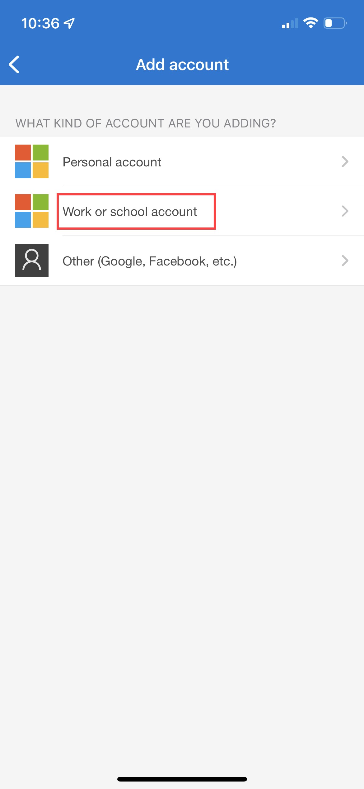 Authenticator Add account page showing Account Types