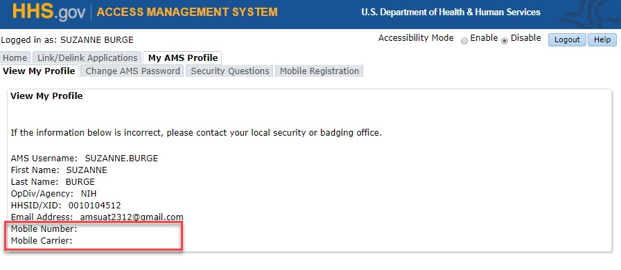 View My Profile page