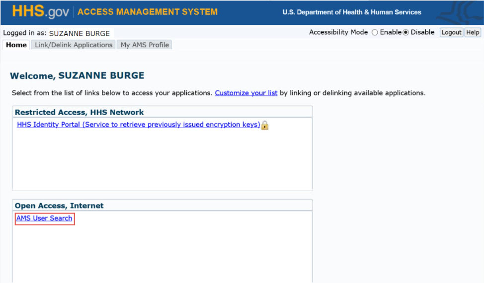 AMS User Search link