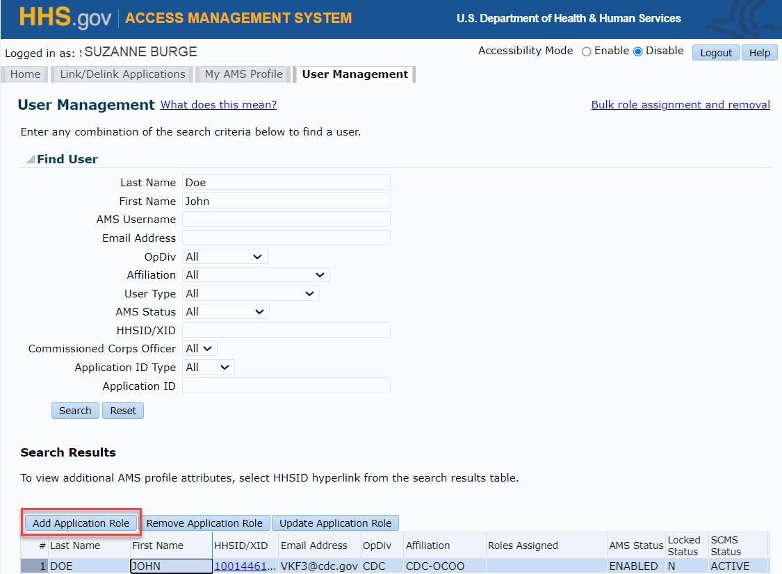 Add Application Role button highlighted with HHSID/XID highlighted