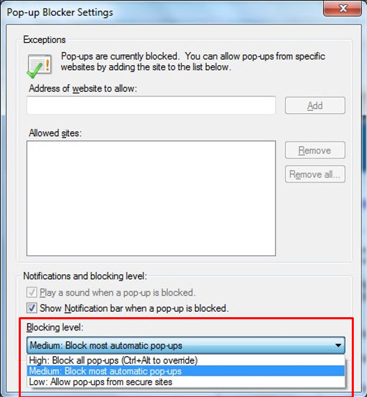 IE Pop-up Blocker Blocking level