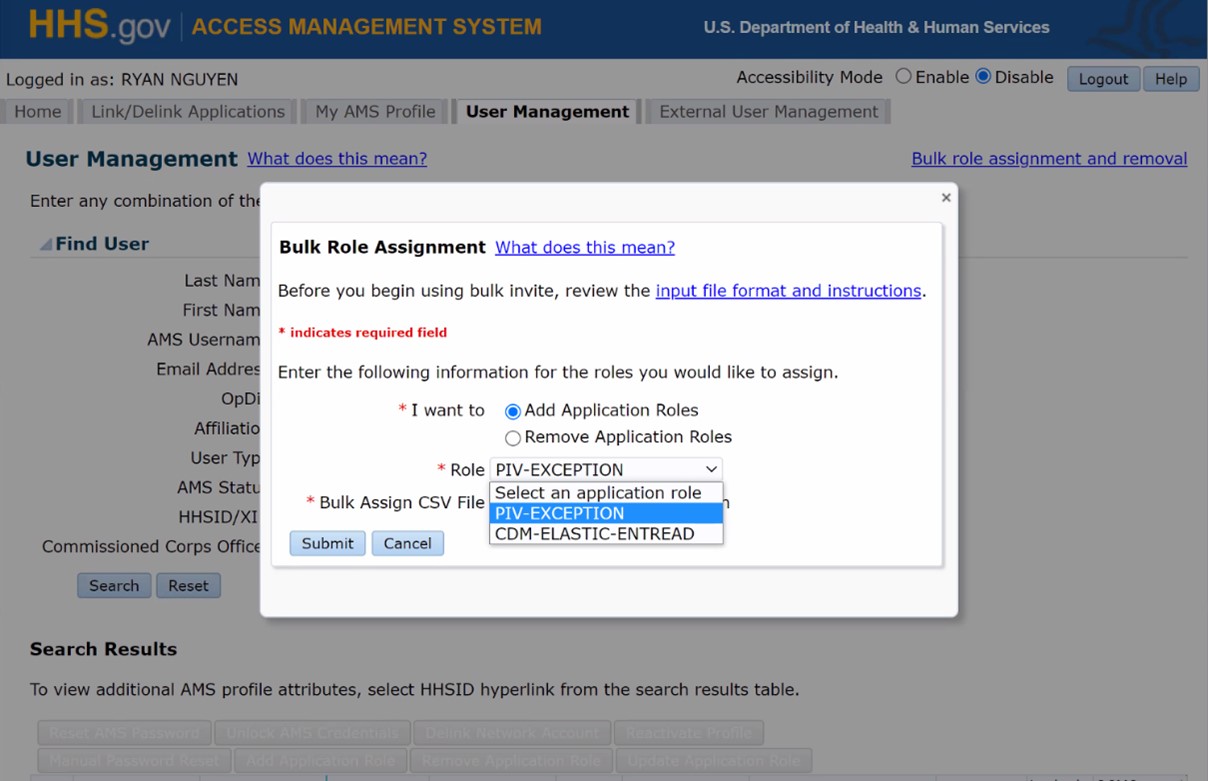 Bulk role assignment pop-up