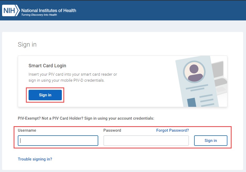 NIH login page