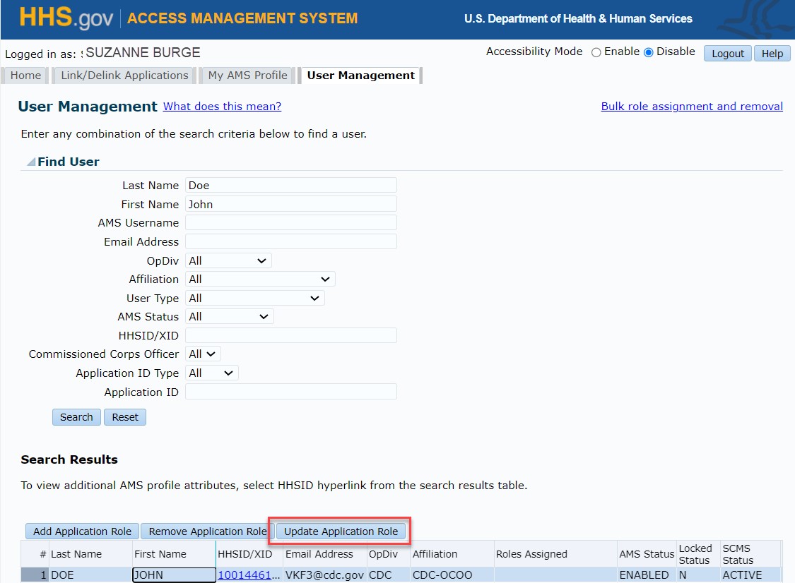Update Application Role button highlighted with HHSID/XID highlighted